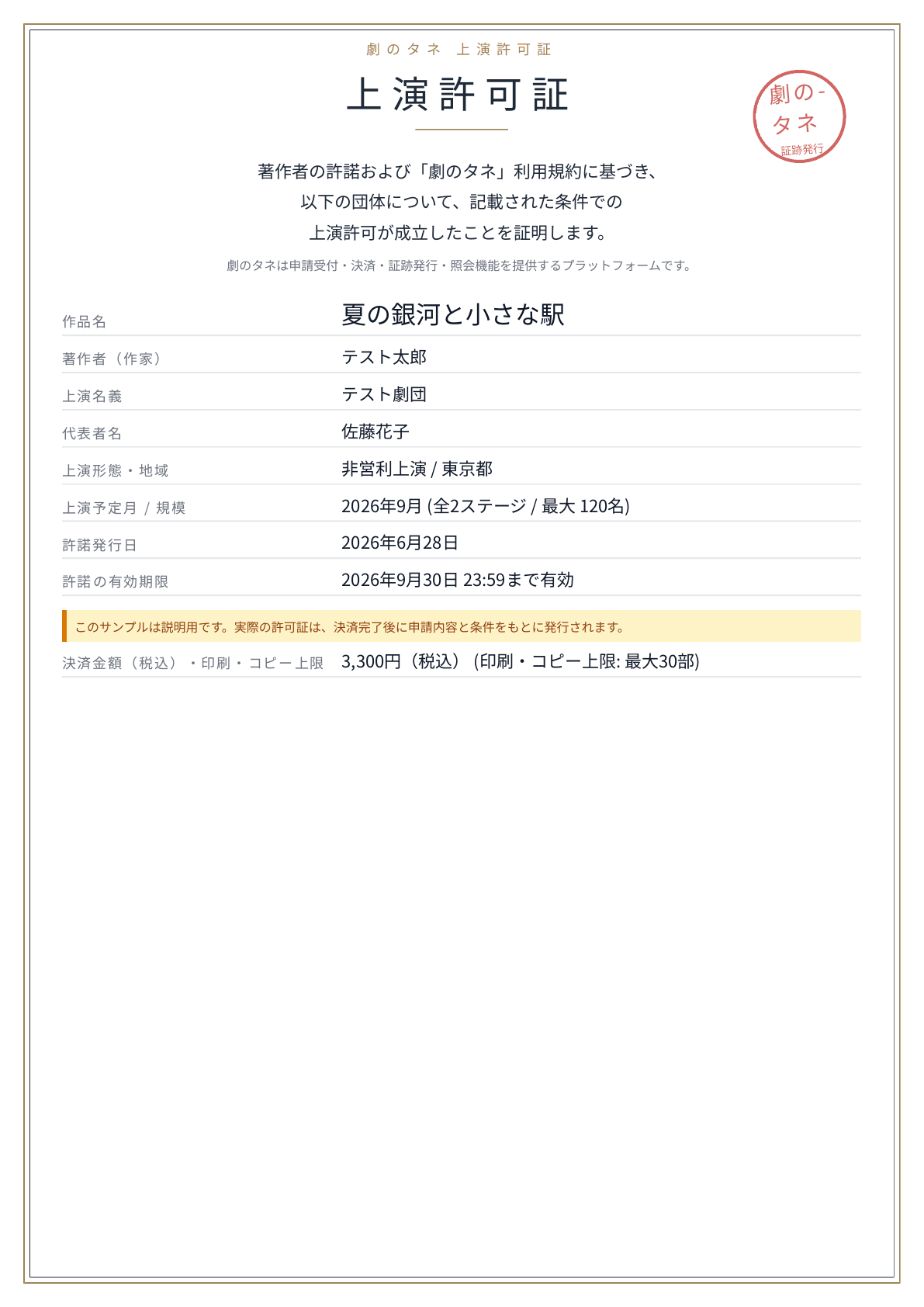 劇のタネの上演許可証サンプルPDFの先頭ページ
